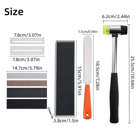 Size diagram of 17Pcs Guitar Fret Repair Kit with crowning file, rubber hammer, leveling beam, and fingerboard protectors.