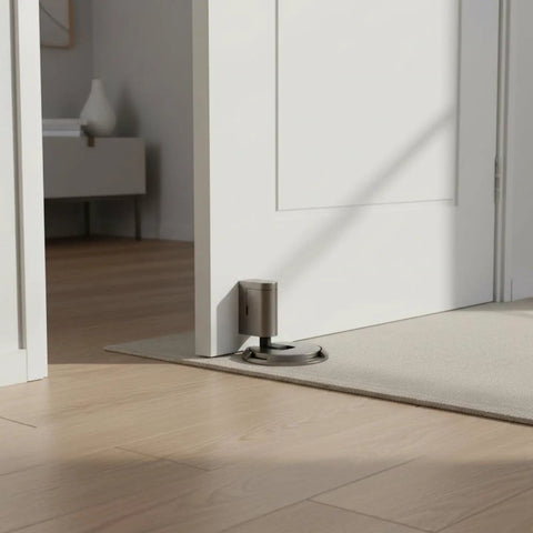 Solid Zinc Alloy Door Stopper With Suction Holder For Floor And Walls Holds Tight Against Wind To Keep Bedroom Office Quiet And Safe From Slams positioned at door threshold.