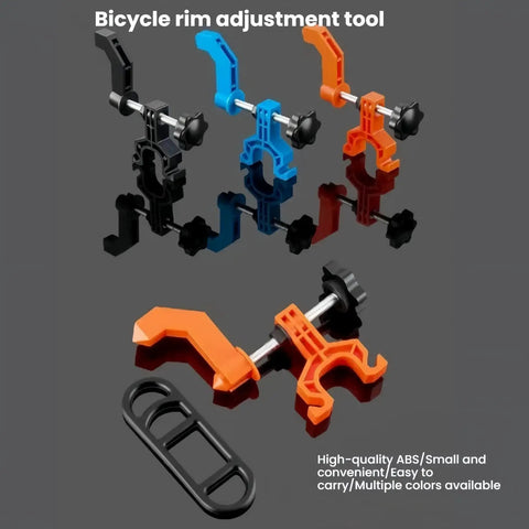 Ultra Portable Bike Wheel Truing Tool With Spoke Wrench, Compact Rim Adjustment Stand in black, blue, and orange
