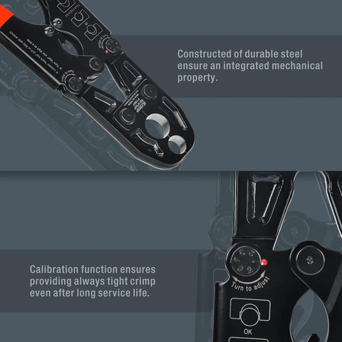Close-up of Half-Inch And Three-Quarter-Inch PEX Pipe Crimping Tool With Copper Ring Gauge, pro grade steel, calibration function