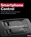 Plug-and-Play Internet Gateway For Garage Door Openers With MyQ Two-Way Communication, device with smartphone control badge.