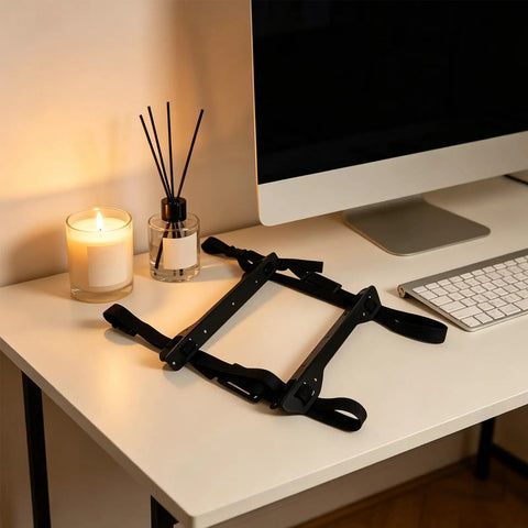 Built Tough Under Desk PC Mount With Quick Lock Straps For Heavy Duty Computer Tower Rack displayed on a desk with accessories.