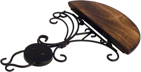 Legit Rustic Wall Shelf Bracket Built From Solid Wood And Black Wrought Iron For Heavy Duty Corner Mounting with ornate scroll arms.