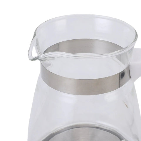 Close-up of glass Turkish coffee maker, 600ml electric pot, showing clear glass and stainless steel ring.