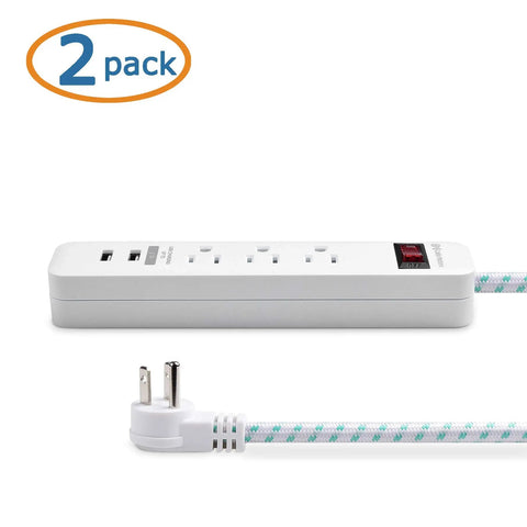 Two Pack 3 Outlet Surge Protector Power Strip With USB Ports 12 Foot Extension Cord Low Profile Plug White Ideal Charging Station