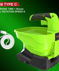 Rechargeable Lawn Seed Spreader 7.2V with 2000mAh Battery and USB Charging Cable, green handheld design, USB Type C, 1.5h runtime