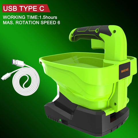 Rechargeable Lawn Seed Spreader 7.2V with 2000mAh Battery and USB Charging Cable, green handheld design, USB Type C, 1.5h runtime