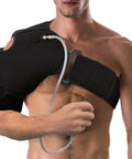 Man wearing Hot Or Cold Therapy Shoulder Ice Pack Wrap That Hooks You Up With Pain Relief Fast For Rotator Cuff Injuries Surgery And Recovery
