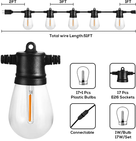 Diagram of 51Ft Outdoor Shatterproof LED String Lights With 18 Dimmable Bulbs, showing bulb and socket specifications