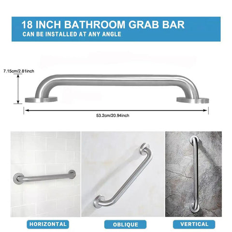 Heavy Duty Stainless Steel Bathroom Safety Grab Bar With A Tight No Slip Grip For Shower Or Tub Ada Compliant Beefy Handrail Support For Seniors Fly Brushed Finish Eighteen Inch Rig mounted at different angles.