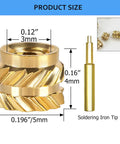 130 Pieces Heat Set Threaded Brass Inserts Kit M3x4x5 With Soldering Iron Tip for 3D printed plastic materials shown in close-up