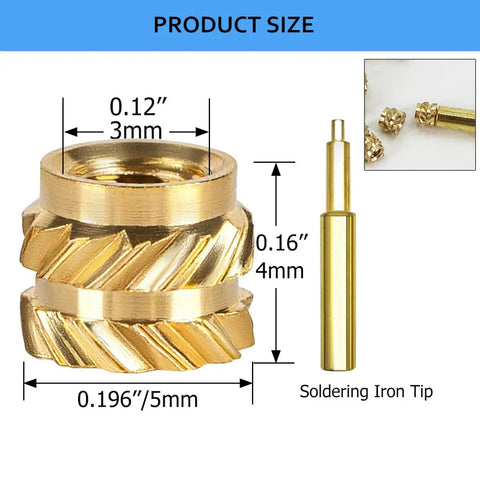 130 Pieces Heat Set Threaded Brass Inserts Kit M3x4x5 With Soldering Iron Tip for 3D printed plastic materials shown in close-up