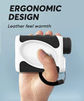 Hand holding Top Notch Golf Rangefinder With Flag Lock And Pulse Vibration, ergonomic design, leather feel, fast focus eyepiece.