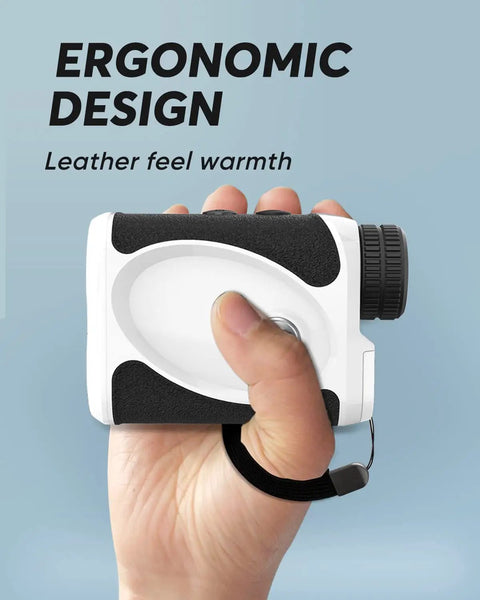 Hand holding Top Notch Golf Rangefinder With Flag Lock And Pulse Vibration, ergonomic design, leather feel, fast focus eyepiece.