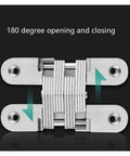 Cross Hidden Door Hinges 180 Degree Zinc Alloy Invisible Folding Hinge for Cabinets, stainless steel, front view.