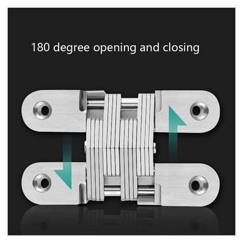Cross Hidden Door Hinges 180 Degree Zinc Alloy Invisible Folding Hinge for Cabinets, stainless steel, front view.