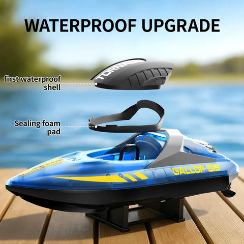 Twin Pack Remote Control Boats For Kids And Adults With Dual Speed Modes, Waterproof Twin-Screw Hulls showing waterproof upgrade feature.