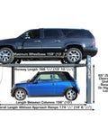 Top Shelf Four Post Vehicle Parking Lift With Massive Eight Thousand Pound Load Capacity And Heavy Duty Diamond Plate Runways For Your Weekend Wrencher Shop showing car dimensions.