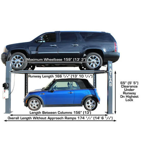 Top Shelf Four Post Vehicle Parking Lift With Massive Eight Thousand Pound Load Capacity And Heavy Duty Diamond Plate Runways For Your Weekend Wrencher Shop showing car dimensions.