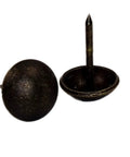 100 Pack Dark Antique Brass Upholstery Tacks For Chairs And Headboards, 7/16 Inch Head Diameter, 1/2 Inch Shank, Heavy Duty Decorative Furniture Nails For DIY Projects And Home Decor, close-up view showing nail details.