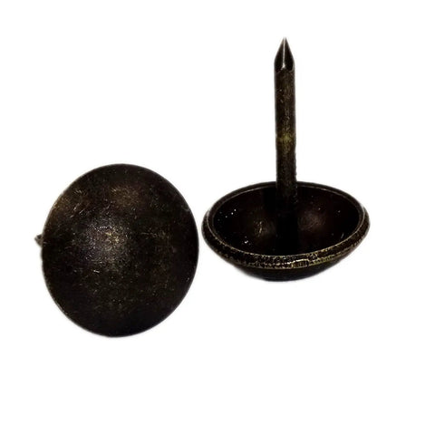 100 Pack Dark Antique Brass Upholstery Tacks For Chairs And Headboards, 7/16 Inch Head Diameter, 1/2 Inch Shank, Heavy Duty Decorative Furniture Nails For DIY Projects And Home Decor, close-up view showing nail details.