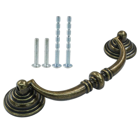 Six Piece Antique Bail Drawer Pulls Set in Bronze 3.5 Inch Center Hole Shabby Chic Cabinet Handles with screws, close-up view.