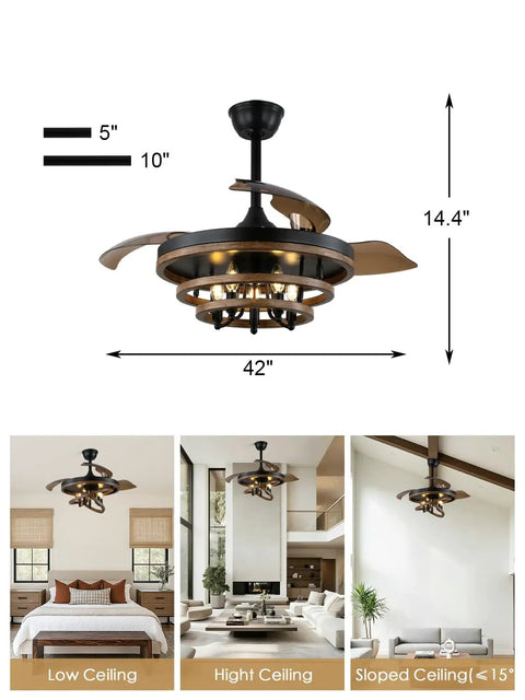Bella Depot 42" Rustic Retractable Ceiling Fan with Lights and Remote installed in various ceiling heights in modern rooms.