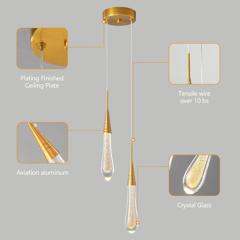 Teardrop Crystal Pendant Lights For Kitchen Island, Dimmable LED Gold Pendant Light Fixture, Modern Brushed Brass Look details