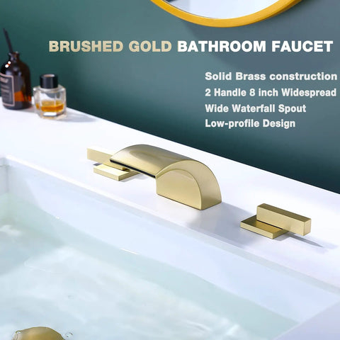Brushed Gold 8 Inch Widespread Bathroom Faucet With Two Handles For 3 Hole Lavatory Vanity Sink Tap Overflow Drain And Waterfall Spout