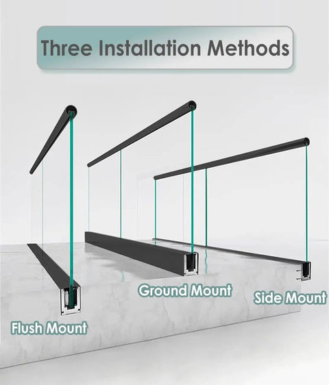 Three installation methods for Tough As Nails Deck Railing Glass Spigot Clamp With Side Mount Bracket, showcasing flush, ground, and side mounts.