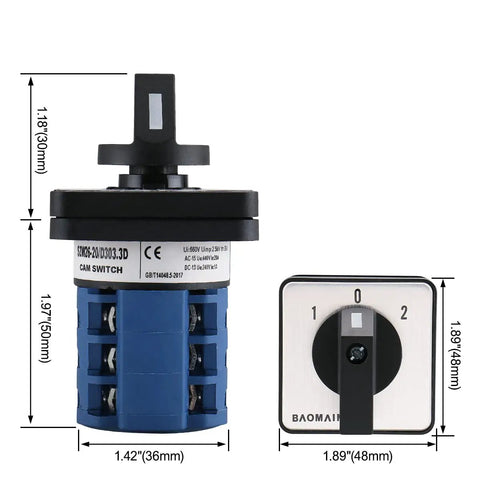 Heavy Duty 3-Position Changeover Switch For Motor Reversing And Generator Transfer, 12 Terminal, 1-0-2 On-Off-On Selector, 20A 660V