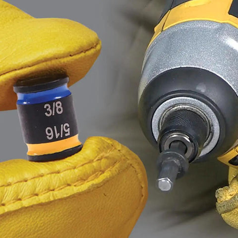 Dual Sided 5/16 And 3/8 Inch Hex Driver 2 Inch Magnetic Reversible Socket Tool in use with glove and drill close-up