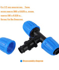 8 Pack Half Inch Drip Irrigation Tee Fittings With Barbed Nuts showing disassembled view with blue connectors