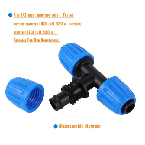 8 Pack Half Inch Drip Irrigation Tee Fittings With Barbed Nuts showing disassembled view with blue connectors