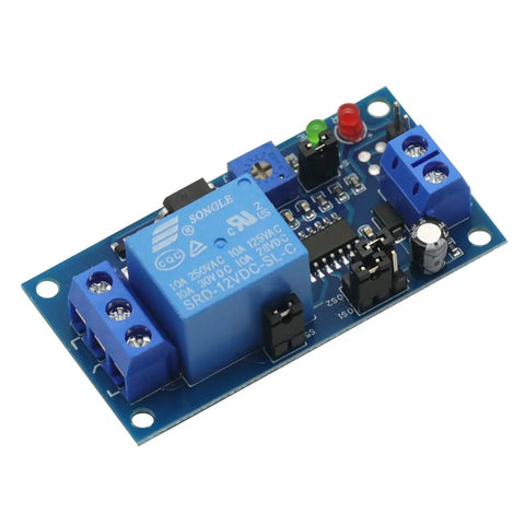 2 Pack 12V DC Timer Relay Module with Delay On Off Control, adjustable potentiometer, visible blue circuit board and components