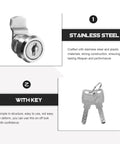 Stainless Steel Cam Lock For Cash Registers And Security Devices set with keys on white background, shows metal construction.