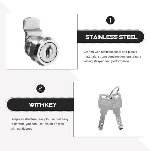 Stainless Steel Cam Lock For Cash Registers And Security Devices set with keys on white background, shows metal construction.