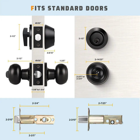 Diagram of 3 Pack Keyed Alike Entry Door Knobs and Single Cylinder Deadbolt Lock Set with measurements in matte black finish.