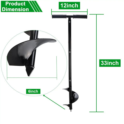 Heavy Duty Hand Auger Post Hole Digger 6 Inch By 33 Inch with close-up of 6-inch steel drill bit and 33-inch handle dimensions.