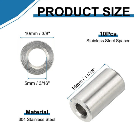 Heavy Duty 304 Stainless Steel Spacer Set, 10 Round Metal Spacers With 3/16 Bore, 3/8 OD, 11/16 Length, Unthreaded Screw Standoffs For 3/16 Inch Screws Bolts And Rods, Corrosion Resistant Hardware, 10 pcs