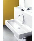 Focus Modern Timeless Easy Clean 1 Handle 12 Inch Tall Bathroom Sink Faucet Chrome Finish with EcoRight system in bathroom