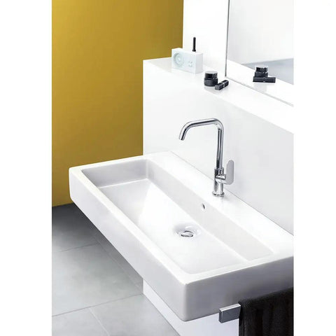 Focus Modern Timeless Easy Clean 1 Handle 12 Inch Tall Bathroom Sink Faucet Chrome Finish with EcoRight system in bathroom