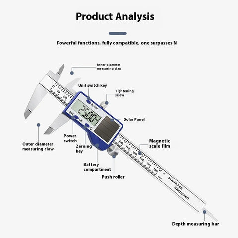 Steel Solar Digital Calipers 150mm Ranges High Accuracy Measurement Tool with Small Case for Industrial Applications Solar Battery Calipers with LCD display.