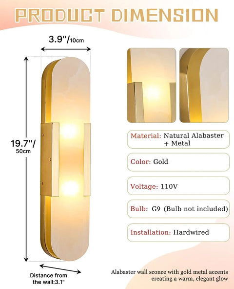 Natural Spanish Alabaster Wall Sconce, 19.7" High Marble Wall Sconces, G9 with gold accents and dimensions displayed.