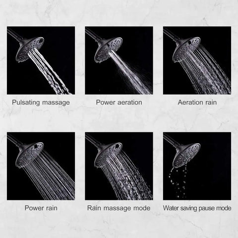 Matte Black Shower Trim Kit with Six-Spray Shower Head modes: pulsating massage, power aeration, aeration rain, power rain, massage mode