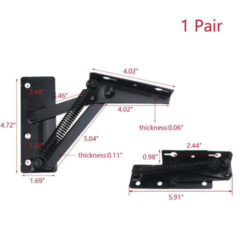 80 Degree Foldable Lifting Bracket Hardware for Storage Box Flip Up Spring Hinges Left and Right Set Black, dimensions shown