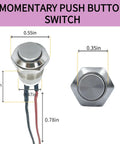 12mm Momentary Push Button Switch With High Head Waterproof Metal On Off Switch And Prewired Harness side and front view