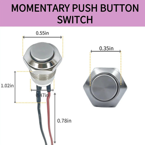 12mm Momentary Push Button Switch With High Head Waterproof Metal On Off Switch And Prewired Harness side and front view