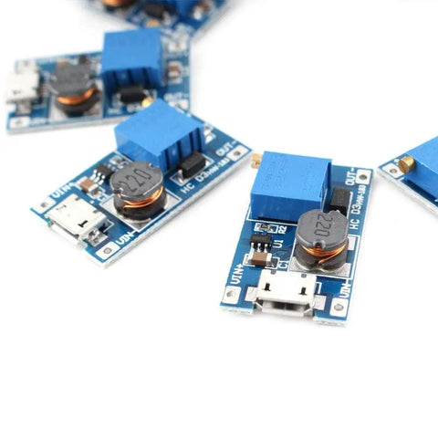 Dope Boost Converter DC DC Step Up Module With Micro USB Input 2V To 24V In 5V To 28V Adjustable Output 2A Max Current High Efficiency DIY Power Supply Board For Electronics Projects Pack Of 10 visible modules.