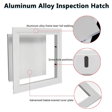 Heavy Duty White Aluminum Drywall Access Panel Removable Wall Hole Cover 8 By 8 Inch showing its screw hole positions and cover plate details.